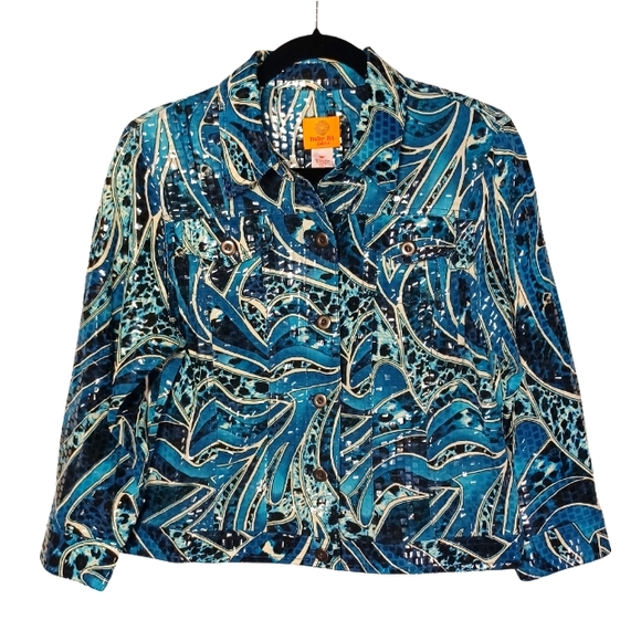 RUBY RD. Blue Black Swirl Print Iridescent Square Embellished Button Jacket 10P - Picture 1 of 5